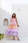 block printed dress dundress tiered pastel colours