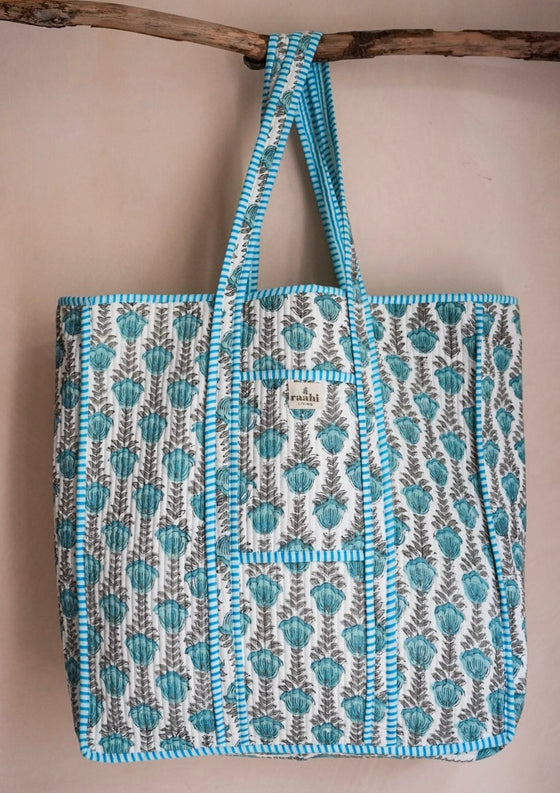 Reversible Quilted Block Print Market Tote Bag in Turquoise