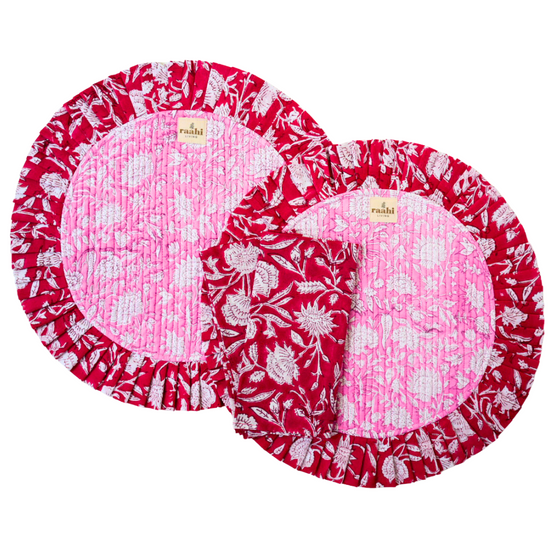 Saavi Red Floral Pleated Edge Reversible Table Mat Set of Two