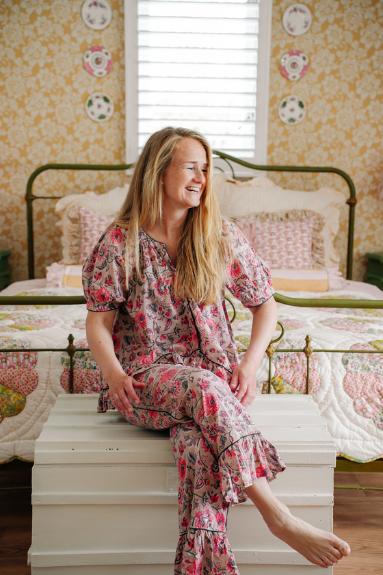 Diantha Cotton Pyjama Set – Hand Block Printed with Ruffle Detail