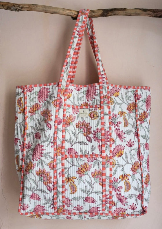 Reversible Quilted Block Print Market Tote Bag in White
