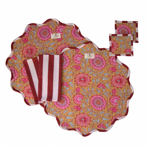 Gina Reversible Round Scalloped Cotton Placemat Set (Set of 2)