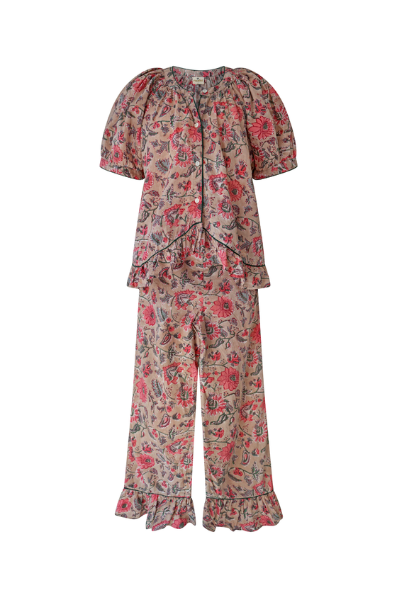 Diantha Cotton Pyjama Set – Hand Block Printed with Ruffle Detail
