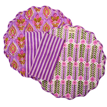  Hand block printed floral and striped placemats crafted by artisans in Jaipur, ethically made. Vibrant and intricate designs showcase the traditional artistry of Jaipur's craftsmen, adding a touch of elegance to any table setting.